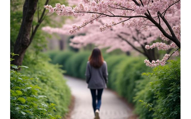 マインドフルウォーキングで日常を豊かにするブログ記事イメージ。緑豊かな公園をゆっくりと歩く人物。